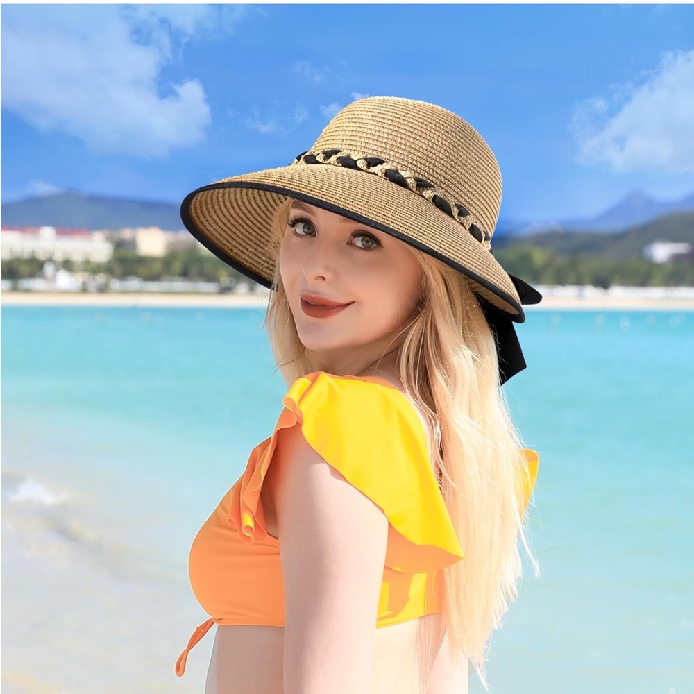 Stylish Tan Sun Hat with Black Trim